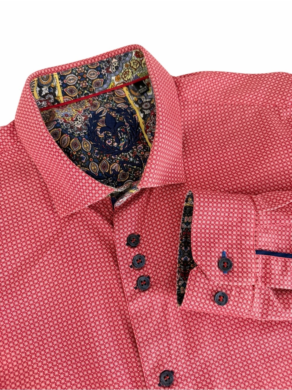 AU NOIR Red Geometric Pattern Button-Up Dress Shirt Contrast Trim large